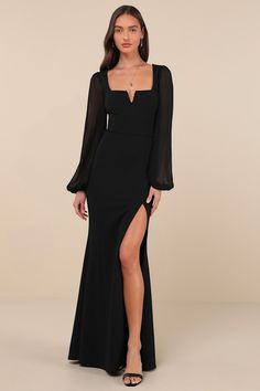 Composed Elegance Black Balloon Sleeve Mermaid Maxi Dress Black Dress Formal Sleeves, Black Cocktail Dress Long Sleeve, Black Event Dress, Black Long Sleeve Dress Formal, Winter Evening Gown, Black Formal Dress With Sleeves, Black Gown With Sleeves, Long Black Dress Plus Size, Maid Of Honor Dress Long