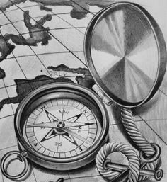 a drawing of a compass and rope on top of a map with the world in the background