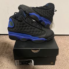 Air Jordan 13 Retro Size 5.5y Black/Royalblue Great Condition Worn Once Blue Jordan Shoes With Air Cushioning, Blue Jordan Shoes With Air Cushioning For Streetwear, Blue Sporty Jordan Shoes With Air Cushioning, Sporty Blue Jordan Shoes With Air Cushioning, Blue Jordan Shoes With Air Max Cushioning, Blue High-top Jordan Shoes With Air Cushioning, Blue High-top Basketball Shoes With Air Cushioning, Blue Basketball Shoes With Air Cushioning, Blue Basketball Shoes With Air Cushioning And Round Toe