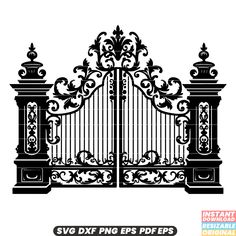 an ornate iron gate with scrolls on the top and bottom, in black against a white background