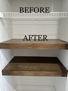 an empty closet with shelves and the words before after written on them in black ink