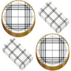 three plates with gold rims and plaid patterns