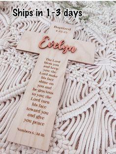 a wooden cross with the words, ships in 1 - 3 days