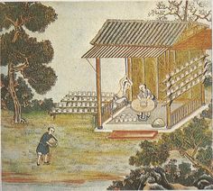 an old painting with people and animals near a building in the background, surrounded by trees