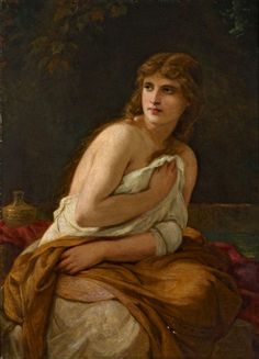 a painting of a woman sitting on a bed