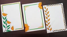 three cards with flowers and leaves on them