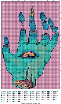 a cross stitch pattern with an image of a hand that has been painted in blue