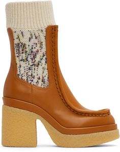 Ankle-high paneled buffed calfskin and rib knit cashmere-blend boots in tan and beige. · Round moc toe · Scalloped trim at vamp · Marled gusset at sides · Calfskin lining · Crepe rubber platform midsole in beige · Crepe rubber block heel · Textured rubber outsole · Platform: H1.25 in · Heel: H3 in Supplier color: Luminous Ochre Chunky Boots Outfit, 80s Costume, Bohemian Style Clothing, Heels Outfits, Sock Boots, Heels Classy, Stunning Shoes, Red Cherry, Scalloped Trim