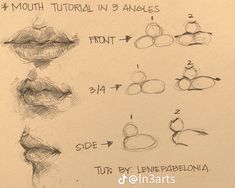 the steps to drawing lips are shown in three different ways