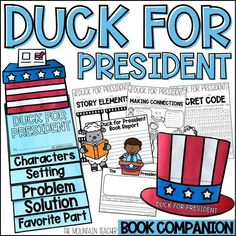 Duck for President is a Presidents' day or election day read aloud favorite! These Presidents' Day reading activities, crafts, reading responses, writing prompts and worksheets for Duck for President are perfect for Presidents' Day! These Election Day read aloud activities are differentiated for kindergarten, 1st, 2nd and 3rd grade students. Please note, you will need a copy of the book Duck for President in order to use this resource. There are 7 reading response activities for Duck for P Characters Setting Problem Solution, Book Study Activities, Opinion Writing Prompts, Reading Response Activities, Read Aloud Activities, Valentines Day Words, Small Group Reading, Character And Setting, Kindergarten Lessons