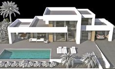 an artist's rendering of a modern house with pool and palm trees in the background