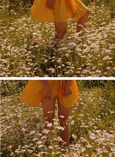 two pictures of a woman in yellow dress walking through flowers