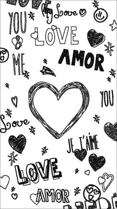 a black and white drawing of hearts with words in the background that say i love you