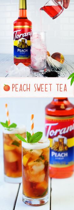 peach sweet tea is being poured into a glass with ice and garnishes