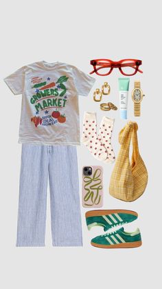 an assortment of clothing and accessories is displayed on a white background, including sunglasses, phone case, watch, flip flops, t - shirt