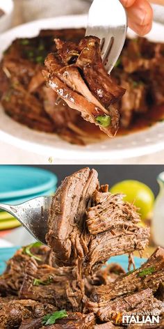 a person is cutting up some meat on top of a plate with a knife and fork