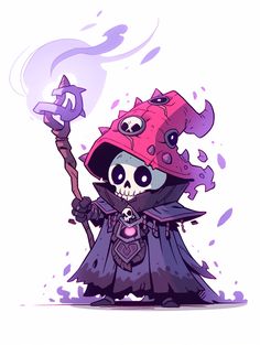 a skeleton wearing a pink hat and holding a purple staff with the letter s on it