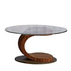 an oval glass table with wooden base and round glass top, on a white background