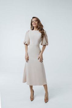 Puff Sleeve Dress Classy, Modest Classy Dresses, Beige Dress Outfit, Dresses For Short Women, White Church Dress, Oatmeal Dress, Business Professional Dress, Puff Sleeve Midi Dress, Short Sleeve Midi Dress