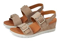 Mephisto Ysabel - Women's Sandals : Taupe : The Mephisto Ysabel sandals are the perfect combination of style and comfort. With dual leather strap upper featuring buckle closures, these sandals are both fashionable and functional. The breathable leather lining and insole keep your feet cool and comfortable all day long. The Soft-Air flexible midsole makes every step feel like you're walking on clouds. Hook-and-loop strap closures. Branding on the backstrap. Almond toe design. Wedge heels. Shock-absorbing leather outsole. Made in France. Measurements: Heel Height: 2 1 2 in Weight: 8 oz Product measurements were taken using size EU 37 (US Women's 7), width B - Medium. Please note that measurements may vary by size. Brown Synthetic Sport Sandals With Buckle Closure, Classic Beige Sandals, Medium Width, Brown Synthetic Toe-post Footbed Sandals, Beige T-strap Sandals With Buckle Closure For Spring, Spring Beige T-strap Sandals With Buckle Closure, On Clouds, Walking On Clouds