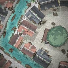 an aerial view of a city with lots of buildings and water in the foreground