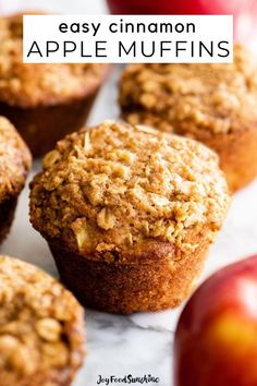 apple cinnamon muffins with apples in the background and text overlay that reads easy cinnamon apple muffins