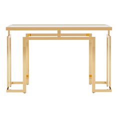 a golden console table with glass top and two legs on each side, against a white background