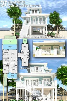 two story house plans with multiple levels and balconies on the second floor are shown