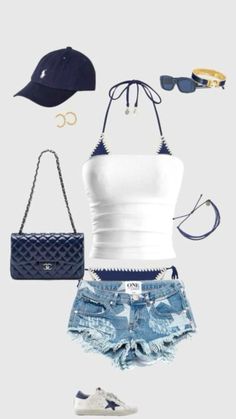 a white tank top, denim shorts and blue shoes are arranged in the shape of a woman's outfit