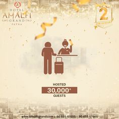 an advertisement for the hotel amah grand in india, with two people at a table