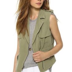 Madewell Green Vest The Length Is Approx. 22” Spring Military Vest With Pockets, Military Style Khaki Vest For Spring, Khaki Military Vest For Spring, Spring Military Style Khaki Vest, Khaki Vest For Ladies For Fall, Spring Vest For Layering With Pockets, Military Style Tops With Pockets For Spring, Utility Style Tops For Spring Layering, Utility Tops For Layering In Spring