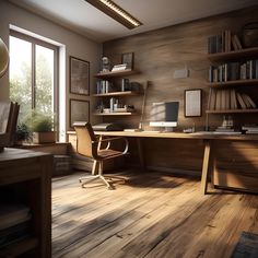 a home office with wooden floors and bookshelves