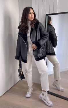 Black Leather Shearling Jacket Outfit, Black Zara Jacket Outfit, Black Shearling Jacket Outfit, Zara Jacket Outfit, Aviator Jacket Outfit, Shearling Jacket Outfit, Easy Winter Outfit