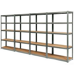 an empty metal shelving unit with wooden shelves