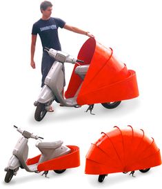 a man standing next to two scooters with umbrellas on the back and side