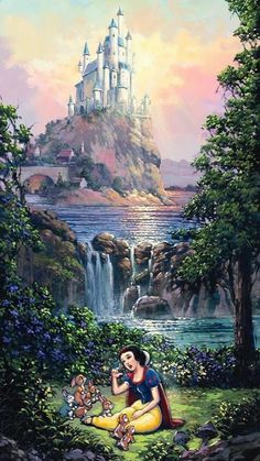 a painting of snow white sitting on the ground in front of a castle and waterfall