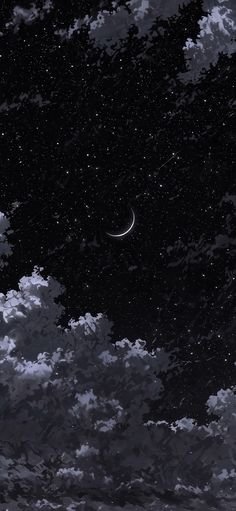 the night sky is full of stars and clouds with a half moon in the distance