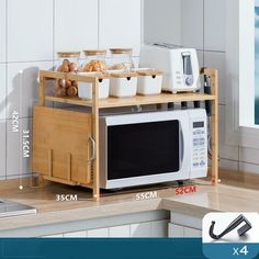 a microwave oven sitting on top of a wooden shelf next to a counter with food