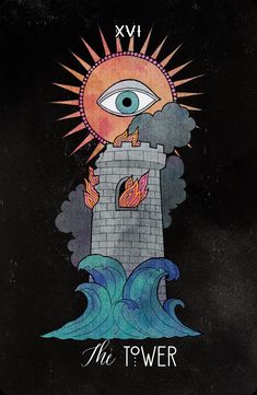 the tower tarot card with an eye above it and flames coming out of it