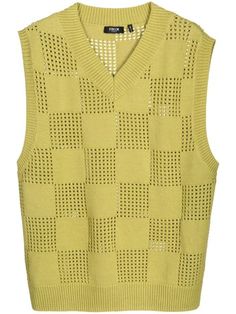 lime green cotton open knit ribbed hem V-neck sleeveless straight hem Vest Knit, Guys Clothing Styles, Open Knit, Green Cotton, Lime Green, Knitted Sweaters, Knitwear, Top Brands, Fashion Outfits