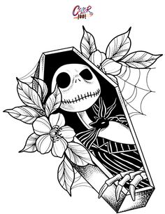 a black and white drawing of a skeleton with flowers on it's head, in the shape of a triangle