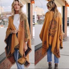 Floral Paisley Poncho Dimensions 54" X 30" Fabric 100% Acrylic One Size Cape For Fall Festival, One Size Fall Cape Shawl, One Size Cape Shawl For Fall, Fall Cape Shawl One Size, Oversized Fall Festival Cape, Gold Shawl For Fall, Yellow Fall Poncho, Yellow Shawl For Fall, Yellow Bohemian Poncho For Fall