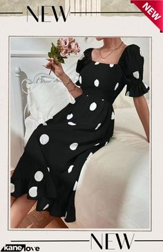 Polka Dot Print Puff Sleeve Dress Elegant Office, Puff Sleeve Dress, Ruffle Hem Dress, Polka Dress, Slim Fit Dresses, Puffed Sleeves Dress, Flowy Skirt, Short Sleeve Dress, Polka Dot Print