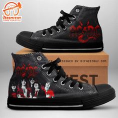 Acdc Rock Band, Acdc High Voltage Evil Shoes, Acdc High Top Canvas Shoes High top canvas shoes are a versatile and stylish footwear option that combines comfort with a classic design. Made from durable canvas material, these shoes feature a higher ankle cut, providing added support and a secure fit. They are often lightweight and breathable, making them ideal for casual outings or everyday wear. Available in a wide range of colors and patterns, high top canvas shoes can easily complement various Acdc Socks, Stylish Footwear, Shoes High, High Voltage, High Top Shoes, Rock Band, Canvas Shoes, Canvas Material, Rock Bands