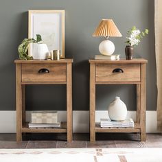 two wooden nightstands sitting next to each other on top of a carpeted floor