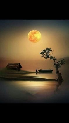 a painting of a boat on the water with a full moon in the background