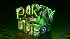 a party poster with the words party as one in neon letters on a black background