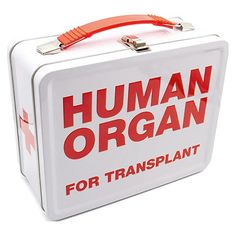 a white and red box with the words human organ for transplant on it's lid