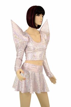 "This item is made to order, please read all the way through the listing before purchasing! This 2pc set is made of lycra spandex in a brilliant sparkling pastel baby pink & silver round mermaid/dragon scale spandex. I am pretty sure this outfit is meant to be worn by angelic dragon royalty. Yep. The top has mega sharp shoulder long sleeves that are foam reinforced, and a crop hemline that measures 8\" from underarm to hem. The 12\" circle cut mini rave skirt is flattering and flowy, will ma Angelic Dragon, Rave Skirt, Scoop Neck Crop Top, Neck Crop Top, Baby Pink, Clothing Items, Skirt Set, Scoop Neck, Ballet Skirt