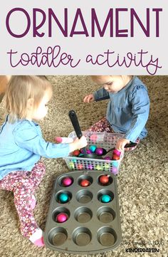 two children playing with an activity tray filled with cupcakes and the words, ornament toddler activity